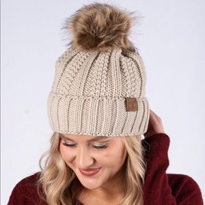 C.C • Beige Beanie W/Pom NWOT